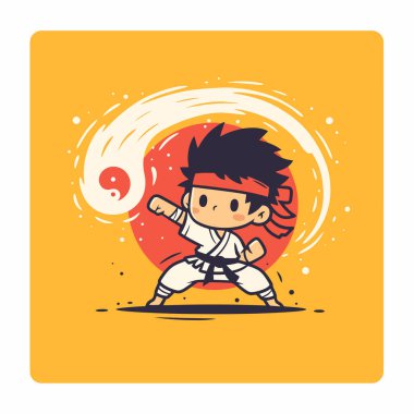 Kimono ve kimono giyen karateci çocuğun beyaz arka planda izole edilmiş şirin çizgi film çizimi..