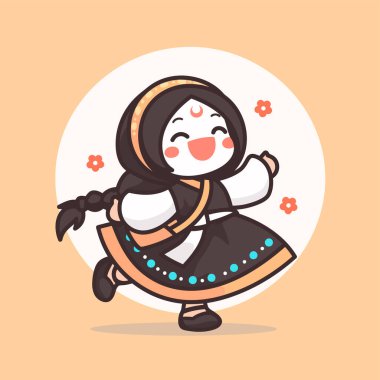 Vektör çizimi, çizgi film sevimli ve komik küçük kız dansı, gri arka planda izole edilmiş..