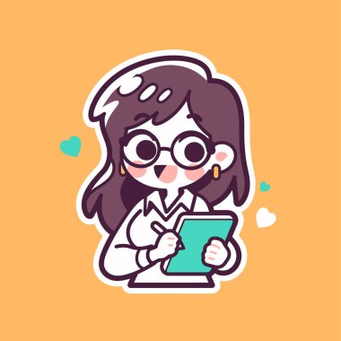 Gözlüklü, elinde tablet olan ve kitap okuyan tatlı bir kız..