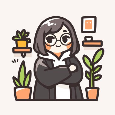 Etrafı bitkilerle çevrili tatlı bir anime tarzı kadın.