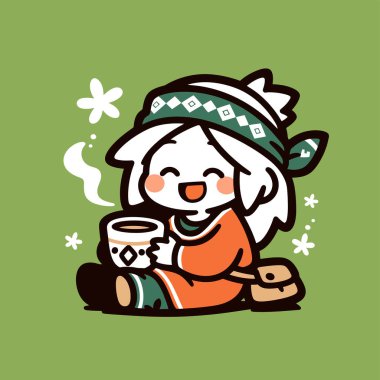 Şirin Chibi Karakteri Sıcak bir kahve molası veriyor