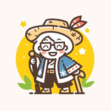 Hasır Şapkalı ve Bastonlu Mutlu Yaşlı Kadın