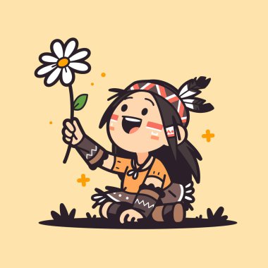 Çizgi film tarzında papatya çiçeği tutan mutlu Amerikan çocuğu.