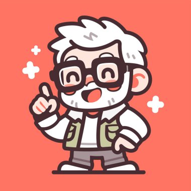 Gözlüklü, gülümseyen yaşlı bir çizgi film karakteri..