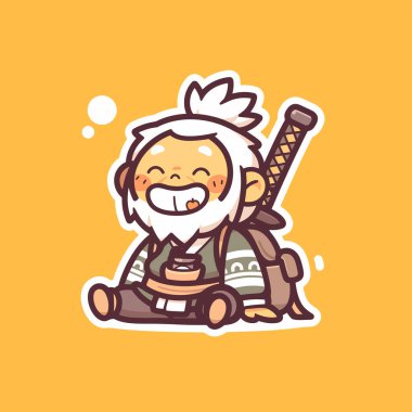 Samuray karakterinin bambu ve tahta sopayla çizilmiş bir çizimi.