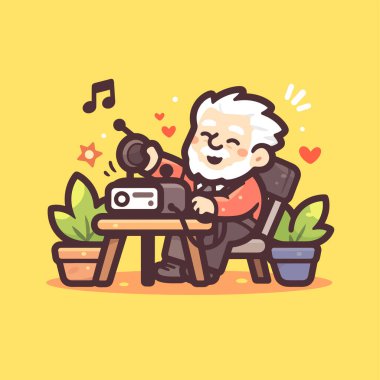 Dizüstü bilgisayarla akıllı telefondan müzik çalan bir çizgi film karakterinin vektör çizimi.