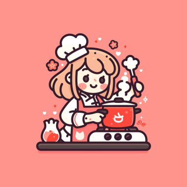 Önlüklü, tavalı bir kız şef.