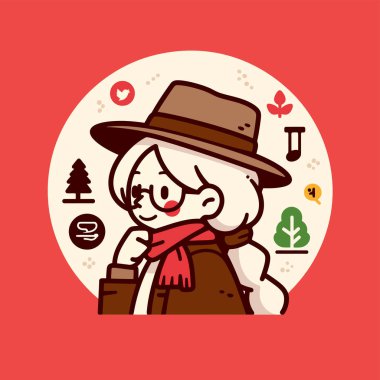 Şapkalı ve fincanlı kızın sevimli bir çizgi film karakterinin vektör çizimi