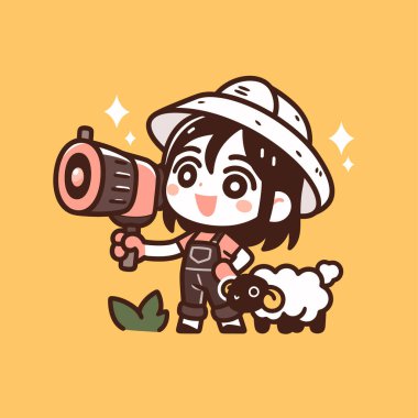 Kameralı sevimli çizgi film kızı. vektör illüstrasyonu.