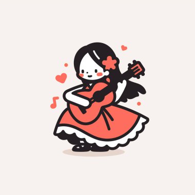 Bir buket çiçekle gitar çalan tatlı küçük bir kız. Düz çizgi film tarzında vektör illüstrasyonu.