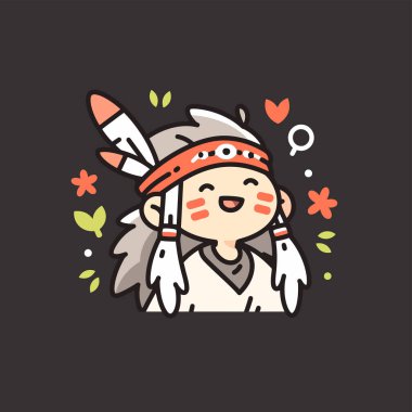 Kızılderili yerlilerinin yerli tüyleri ve yerli Amerikan geleneksel Kızılderili kültürüyle çizilmiş şirin çizgi film çizimi. Tişört baskısı, çıkartma, kart için uygun,