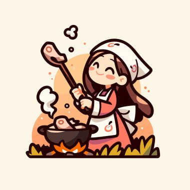 Elinde bir kap ve kaşıkla şapkalı mutlu bir kızın vektör çizimi