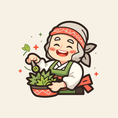 Bir saksı çiçekli mutlu kadın.