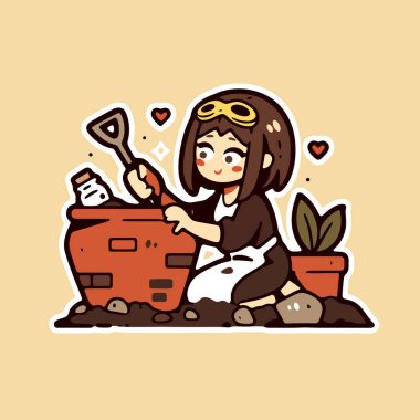 Vektör çizimi. Çiçek saksısında küreği olan bir kız.