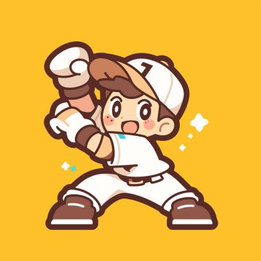 Beyzbol oynayan sevimli çizgi film çocuğunun vektör çizimi