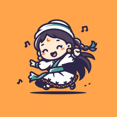 Müzik Notalı Geleneksel Kıyafetli Chibi Dansçı Kız