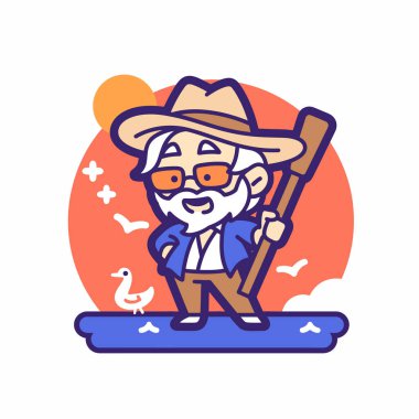 Mutlu yaşlı adam gölde tekne gezintisinin tadını çıkarıyor.