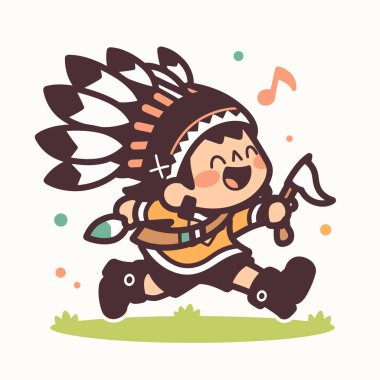 Mutlu Yerli Amerikan Çocuğu Tüylü Başlıklı Bir Adresle Koşuyor