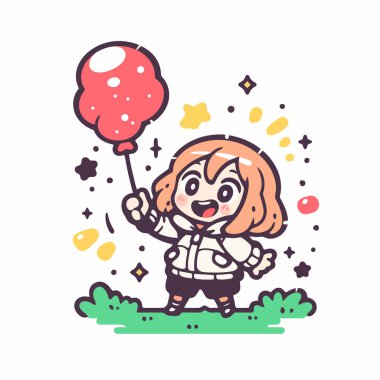 Chibi kızı elinde kırmızı bir balon tutuyor.