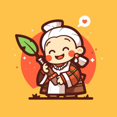 Geleneksel giyinmiş yaşlı bir kadının şirin karikatürü.