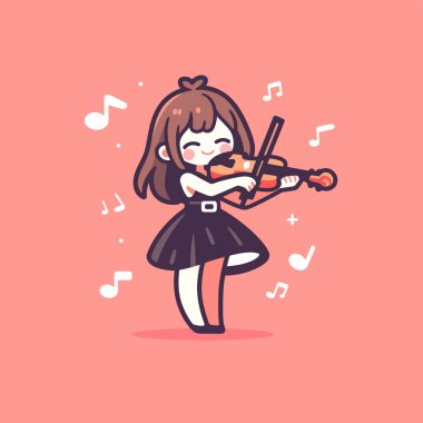 Müzik notalarıyla keman çalan tatlı bir anime kızı.