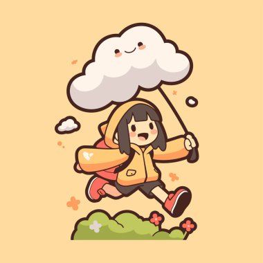 Neşeli Çocuk Yağmurda Bulut Şemsiyesiyle Koşuyor