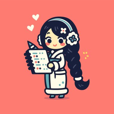 Kalpli ve kışın giydiği bir deftere yazan tatlı bir kız.