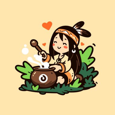 Amerikan yerlisi bir kazanda iksir pişiriyor.