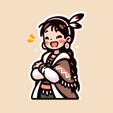 Çapraz kollu ve mutlu bir ifadeyle Amerikan yerlisi bir kızın şirin karikatürü.