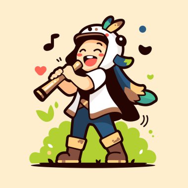 Kuş kostümlü mutlu çocuk flüt çalıyor.