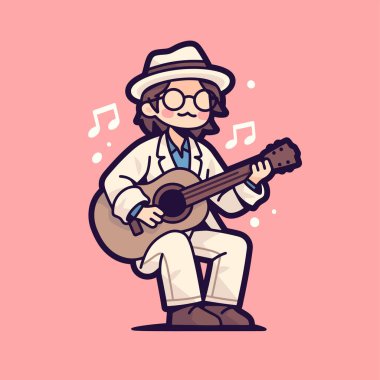 Müzisyen Çizgi Filmi Müzik Notalarıyla Akustik Gitar Çalıyor