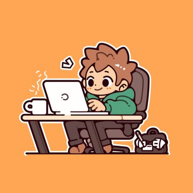 Elinde bir fincan kahveyle dizüstü bilgisayarda çalışan çizgi film karakteri.