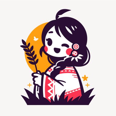 Neşeli Slav kız elinde buğday sapı, karikatür çizimi