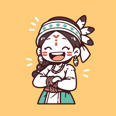 Sevimli çizgi film Amerikan Yerlisi Gülümseyen ve Mutlu Kız