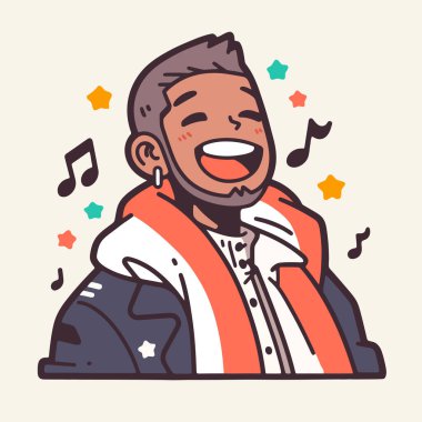 Müzik Notaları ve Yıldızları olan Mutlu Şarkı Söyleyen Adam