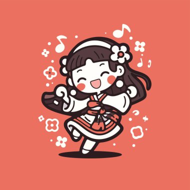 Hanbok 'ta Koreli Chibi Dans ve Müzik Notalarıyla Gülümseyen Kız