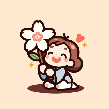 Sevimli kız elinde kiraz çiçeği, neşeyle gülümsüyor.