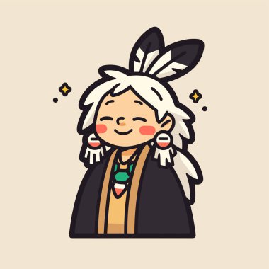 Tüylü Başlık ve Neşeli İfadesiyle Amerikan Yerlisi Çizgi Filmi