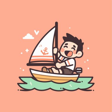 Küçük bir yelkenliyle yelken açan mutlu çocuk.