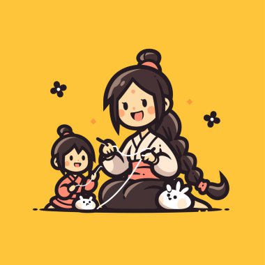 Anne ve Kız Birlikte Şirin Japon Tarzı Resim Dikiyorlar.