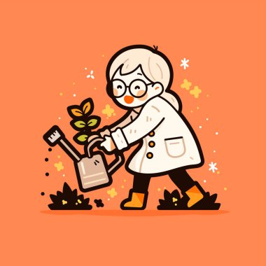 Çiçeği sulayan genç bir bahçıvan.