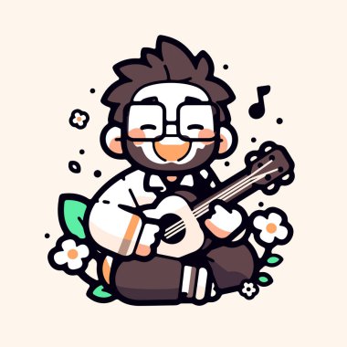 Çiçeklerle çevrili Neşeli Müzisyen Ukulele Çalıyor