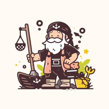 Karikatür Balıkçısı Tekne ve Hazineli Korsan