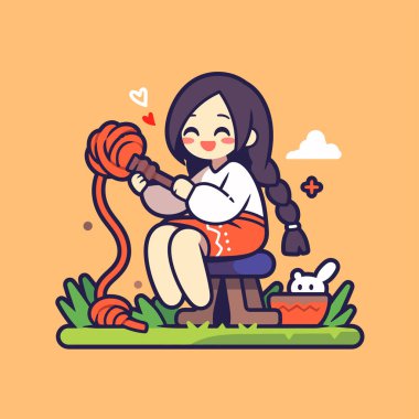 Mutlu kız iplik ve sevimli bir tavşanla örgü örüyor