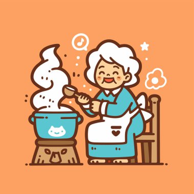 Büyükannem mutfakta yemek pişiriyor, çizgi film tarzı.