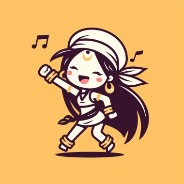 Neşeli Chibi Kızılderili Kız Müzikal Notalarla Dans Ediyor