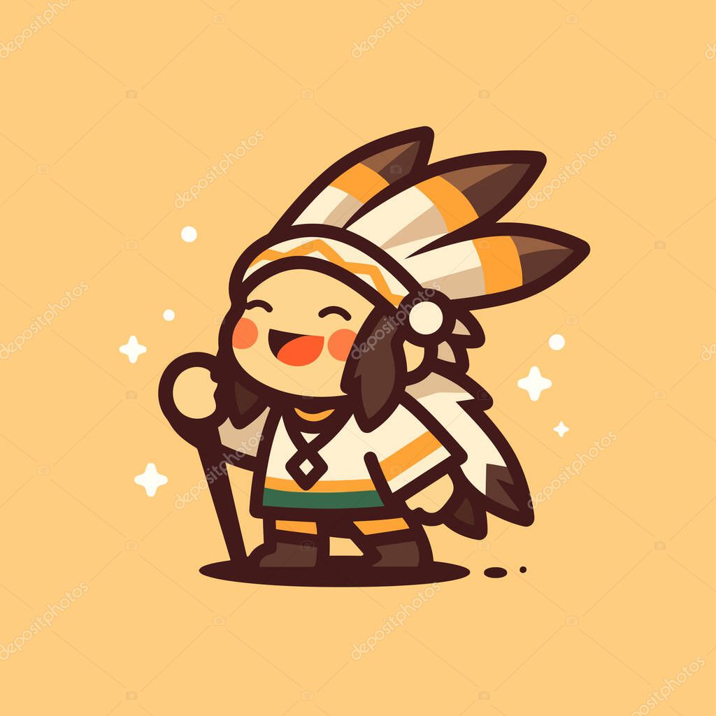 Charming Native American Cartoon Chief Smiling With a Stick