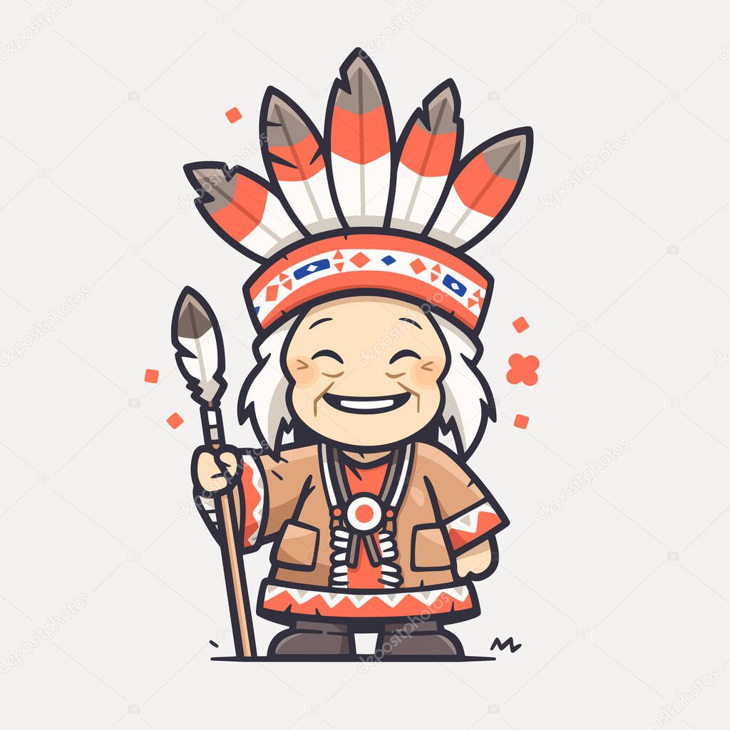 Cartoon Native American Indian Chief with Feather Headdress