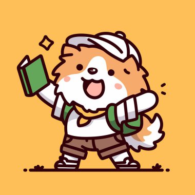 Mutlu köpek kitap ve bir fincan çay tutuyor.