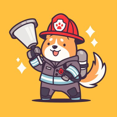 Ateşli kasklı şirin köpek itfaiyecisinin turuncu arka planda elinde ateş tutan vektör çizgi film çizimi. Tebrik kartı, poster tasarımı ve çıkartma için uygun,